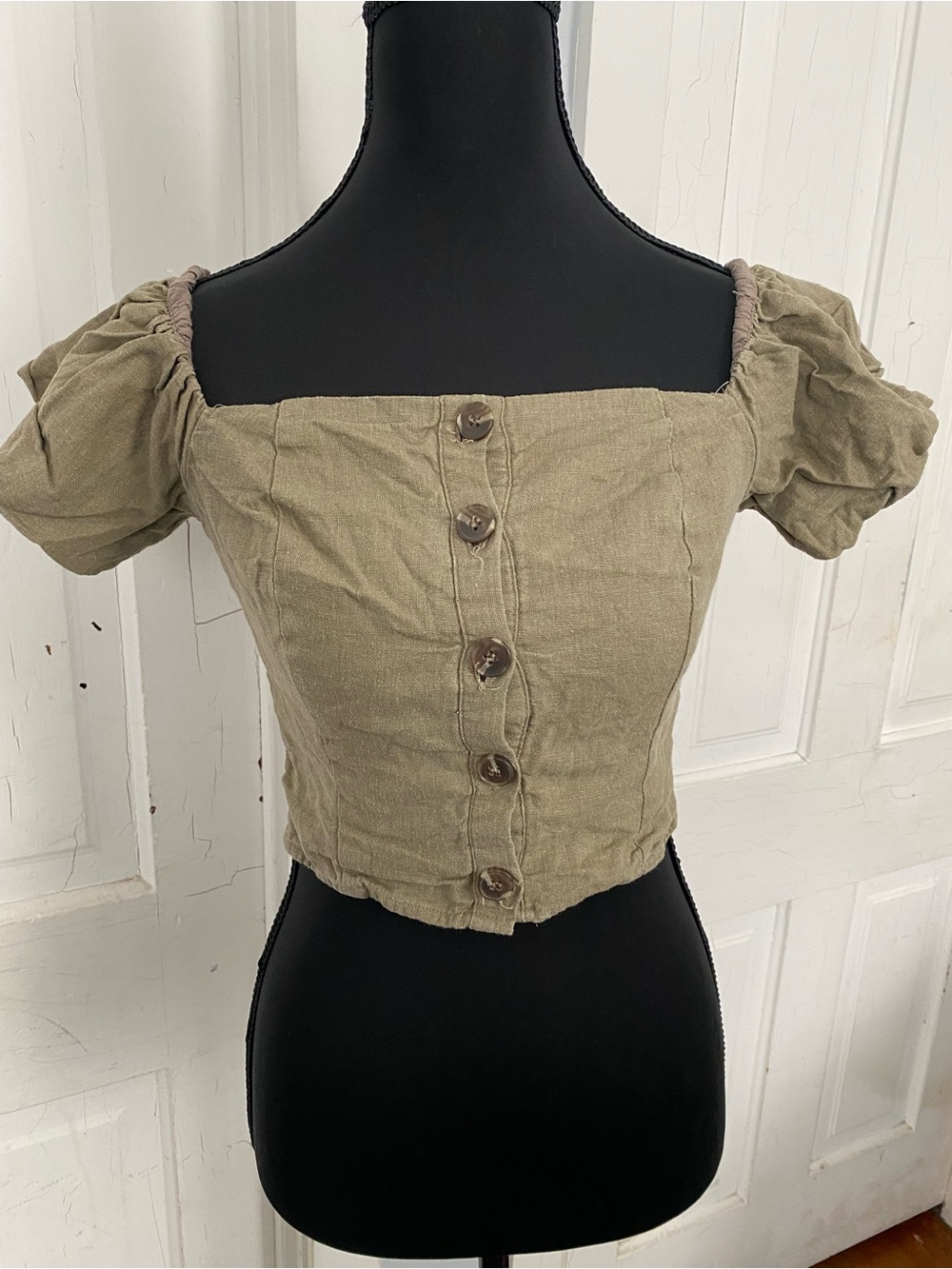 Fashion Nova Olive Puff-Sleeve Button Crop Top